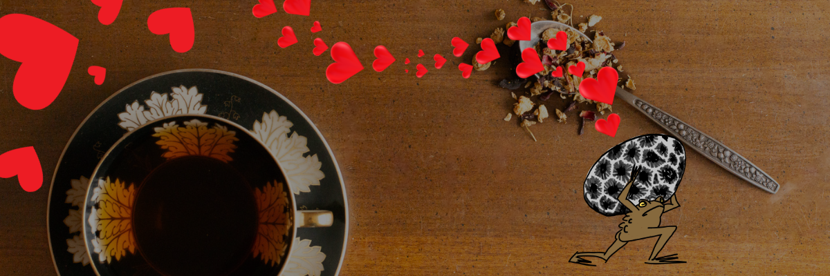 A tea cup full of tea sitting on a saucer next to a spoon full of tea sitting with a superimposed image of a toad holding a rock with hearts coming out.