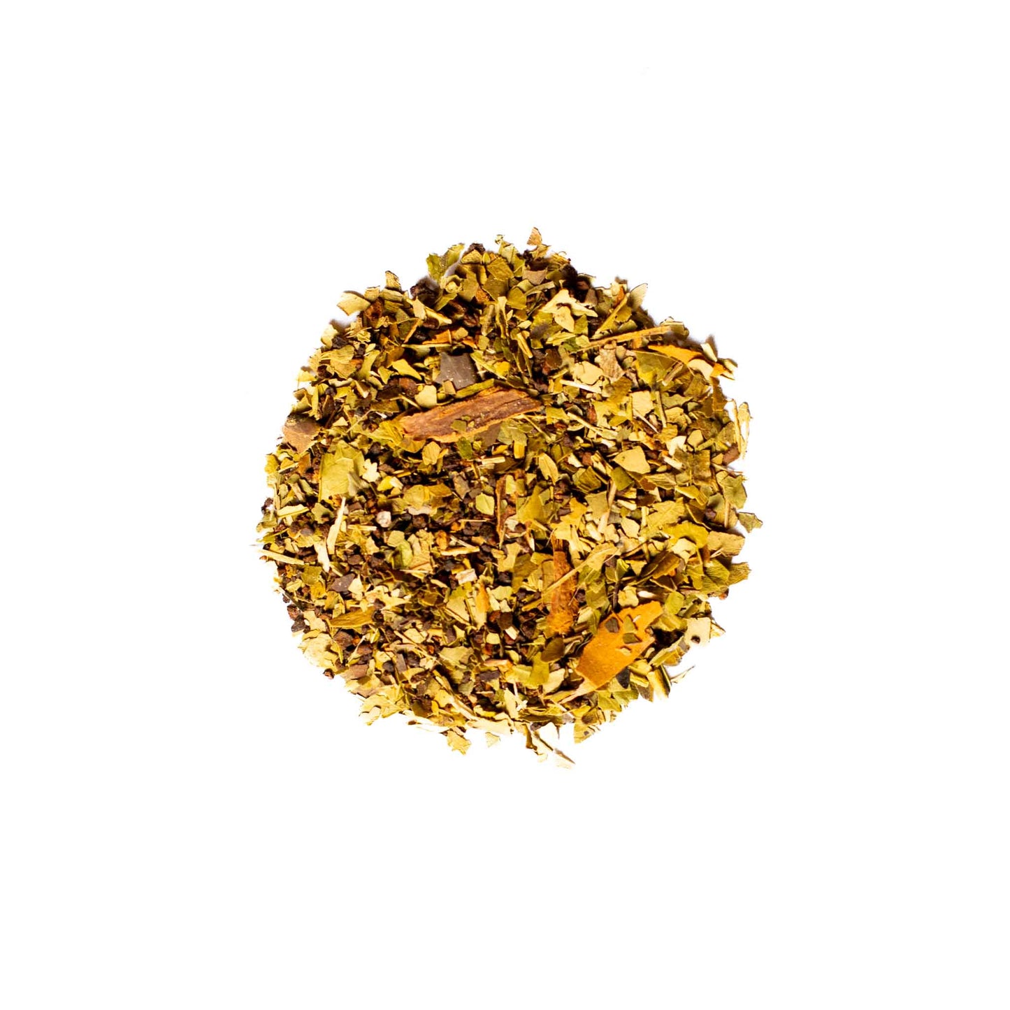 A close-up picture of ToadStone Tea "Joe Toad" blend, a mixture of yerba mate, chicory root, and cinnamon bark.