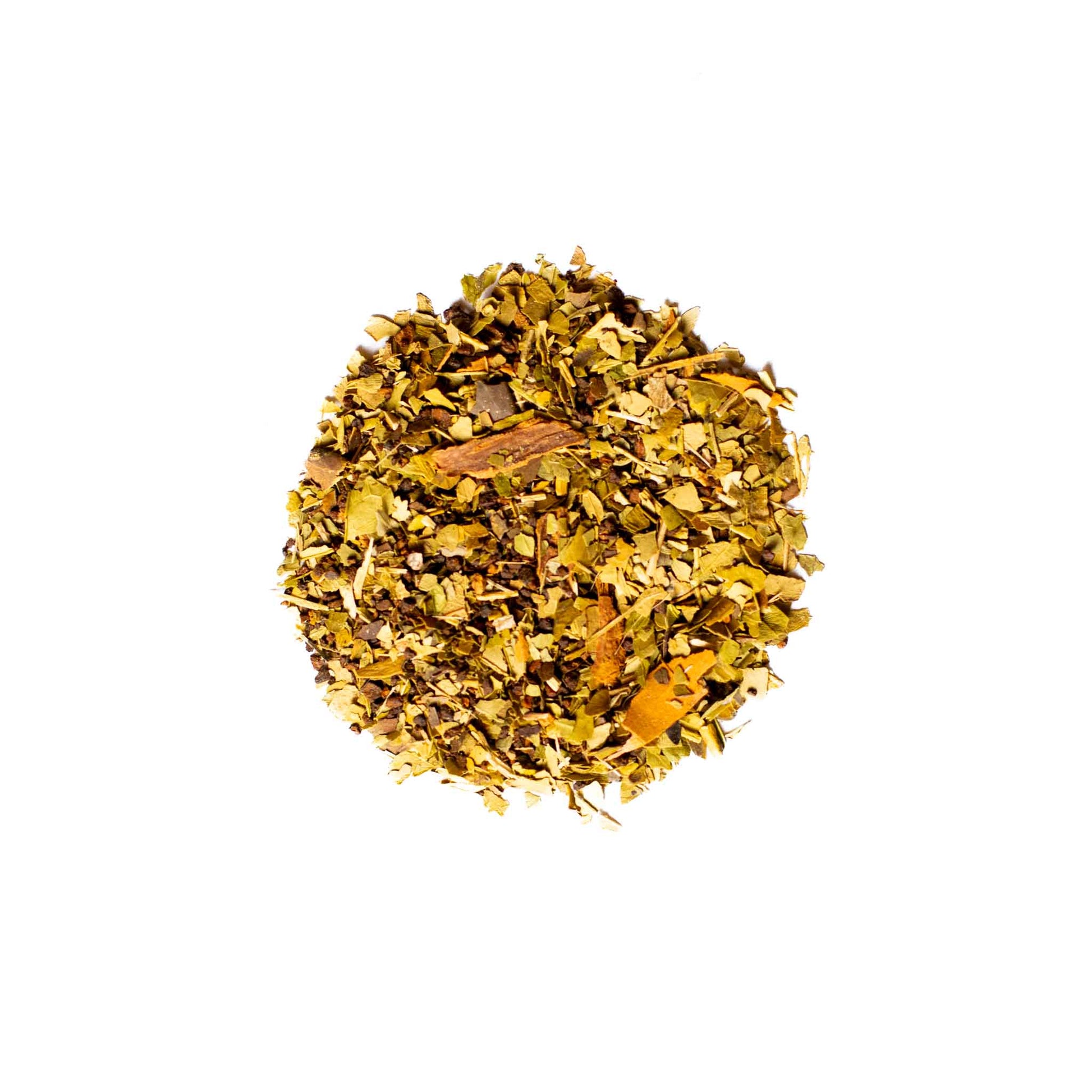 A close-up picture of ToadStone Tea "Joe Toad" blend, a mixture of yerba mate, chicory root, and cinnamon bark.