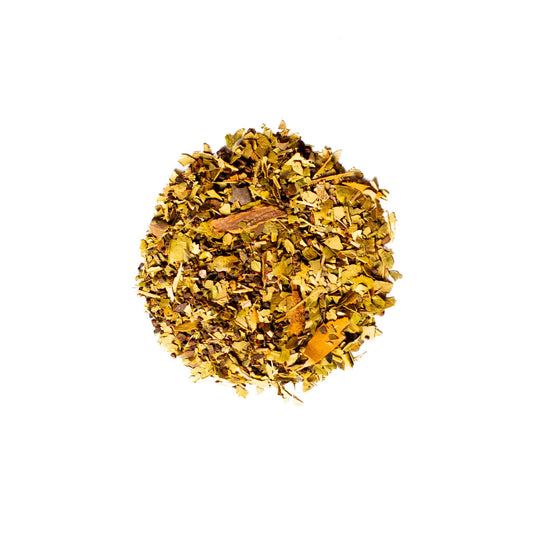 A close-up picture of ToadStone Tea "Joe Toad" blend, a mixture of yerba mate, chicory root, and cinnamon bark.