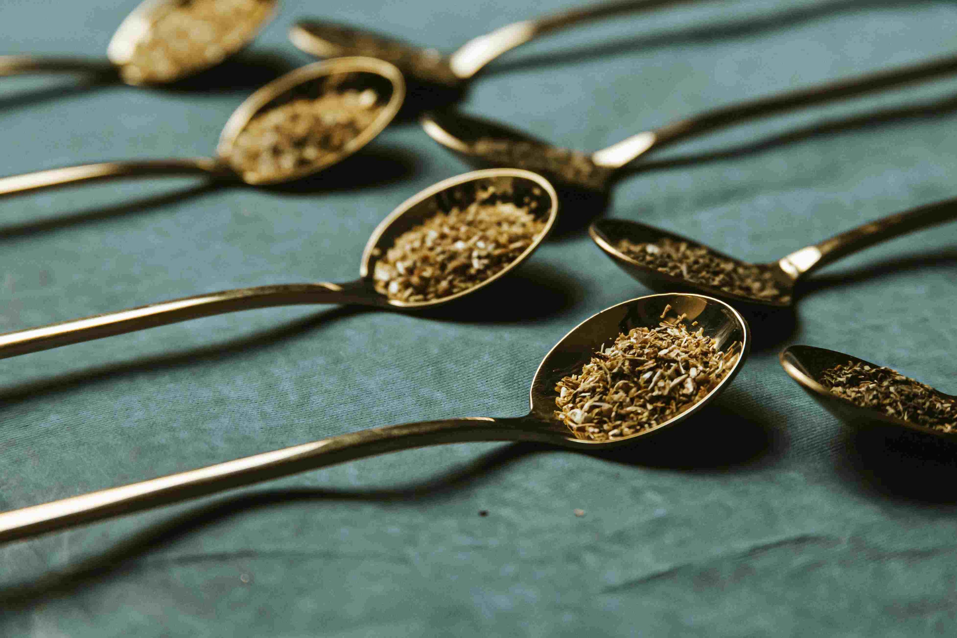 Numerous spoons lined up holding loose leaf tea.