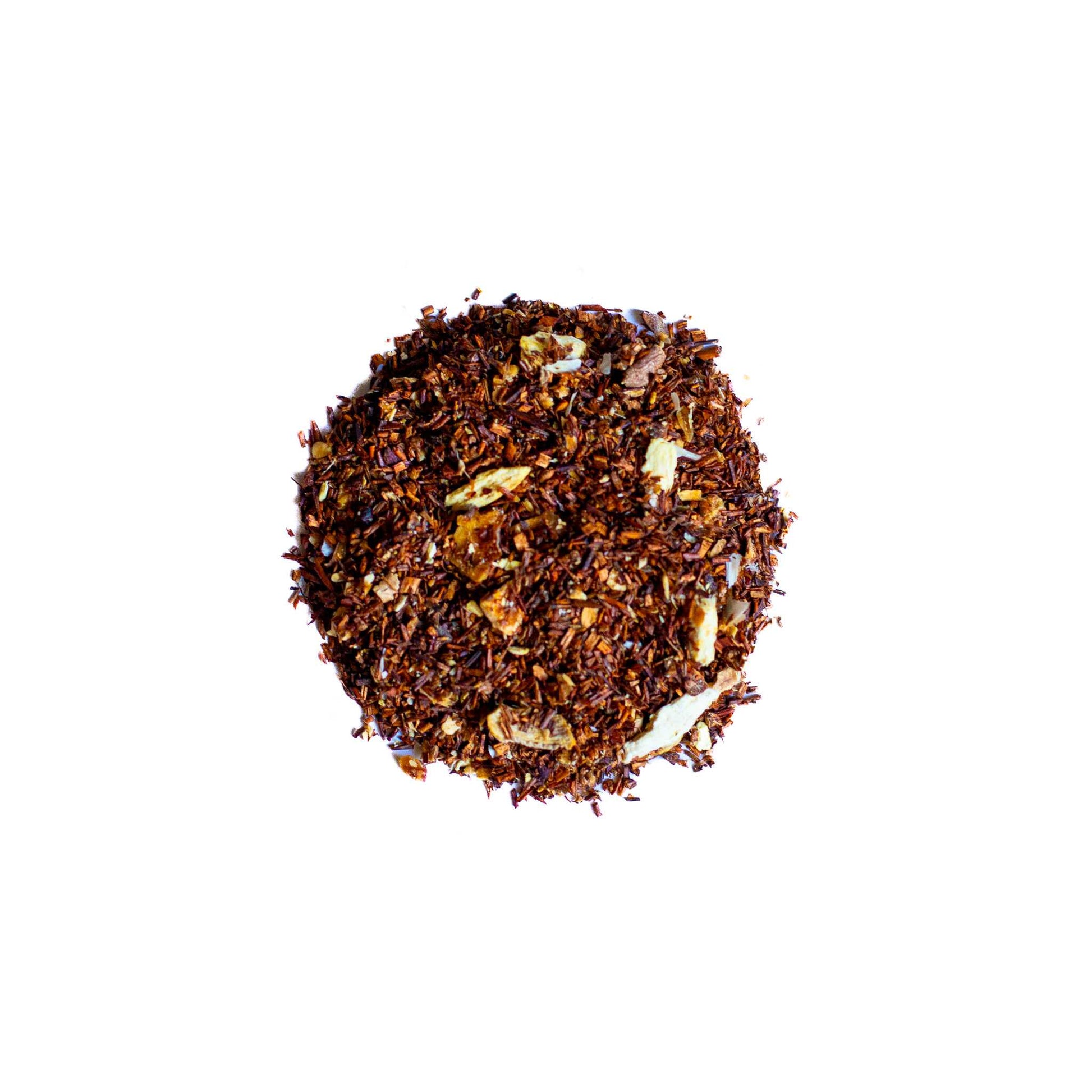 Round mound of (Tea)ches of Peaches loose leaf red rooibos blend.