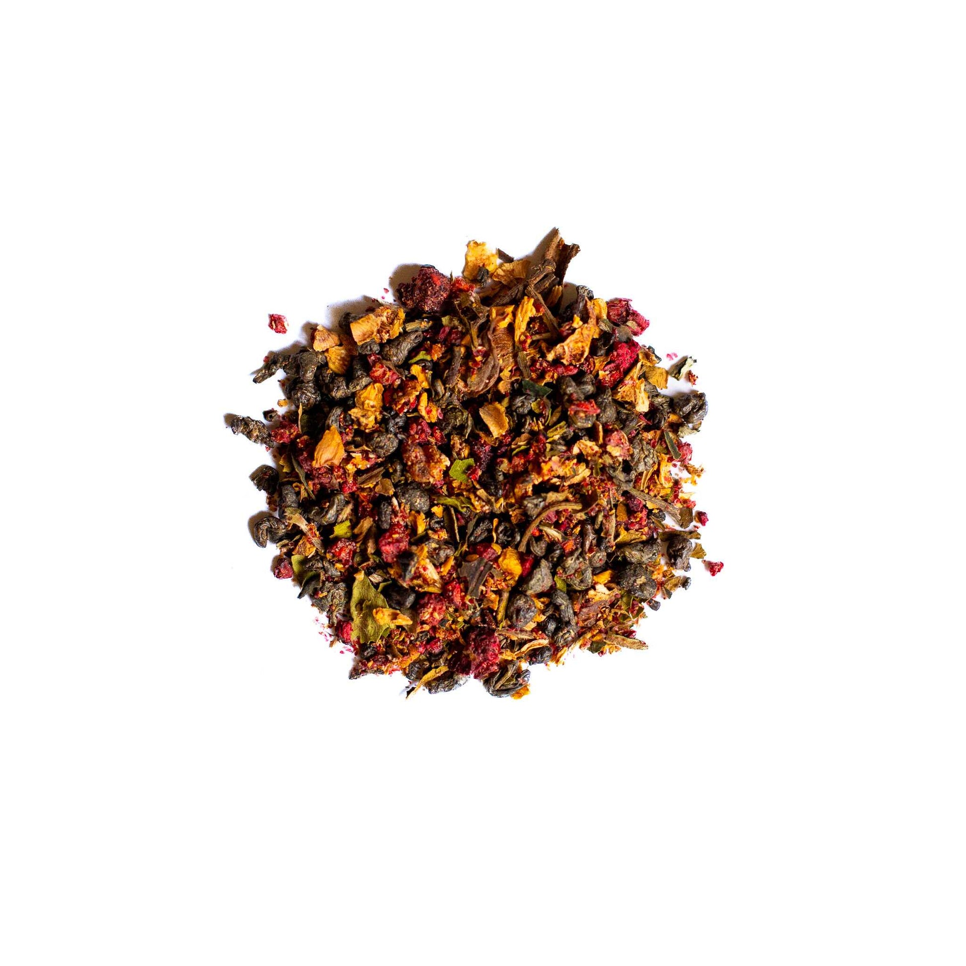 Round mound of Tiki Tea loose leaf green  tea blend.